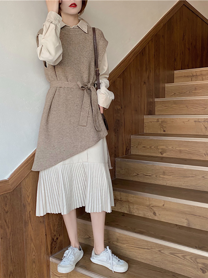 単品注文 オシャレ好き必見 シンプル 折り襟 ギャザー飾り ワンピース 不規則 ラウンドネック ベスト ワンピースセット Fashionelva