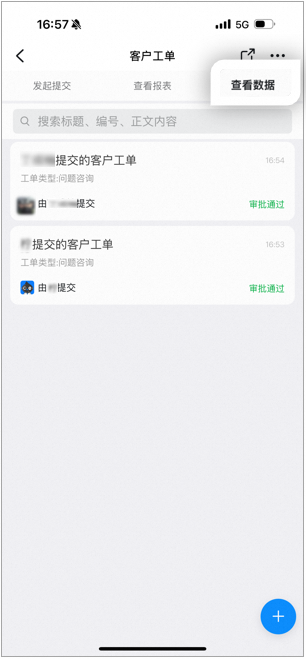 Mobile customer ticket View Data page, listing process Form Data records related to you